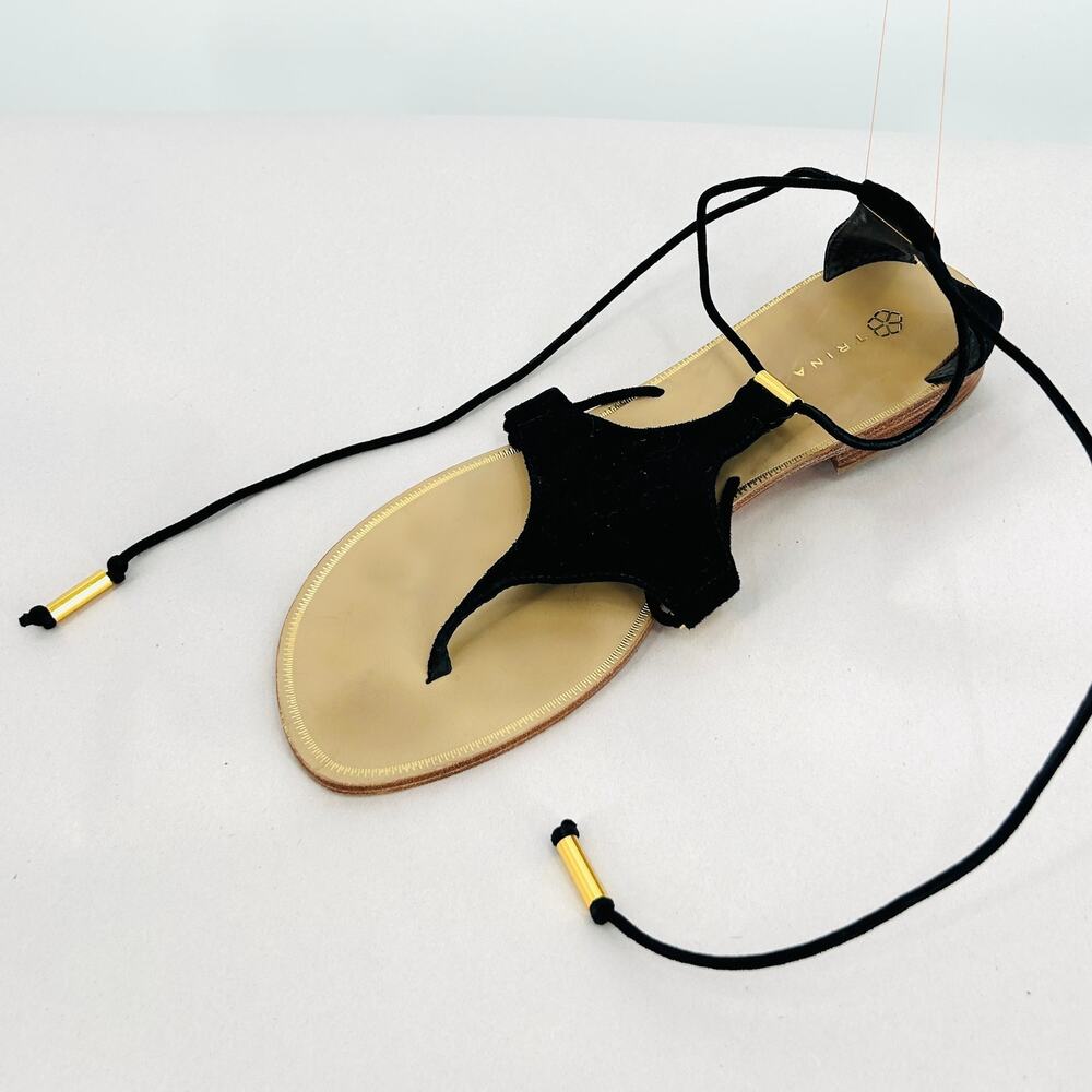 Trina Turk Black Gold Suede Leather Lace Up Gladiator Flat Sandals